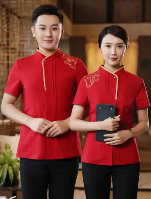 男女紅色酒店工作服樣品展示 工作服,酒店工作服,紅色酒店工作服,工作服制服
